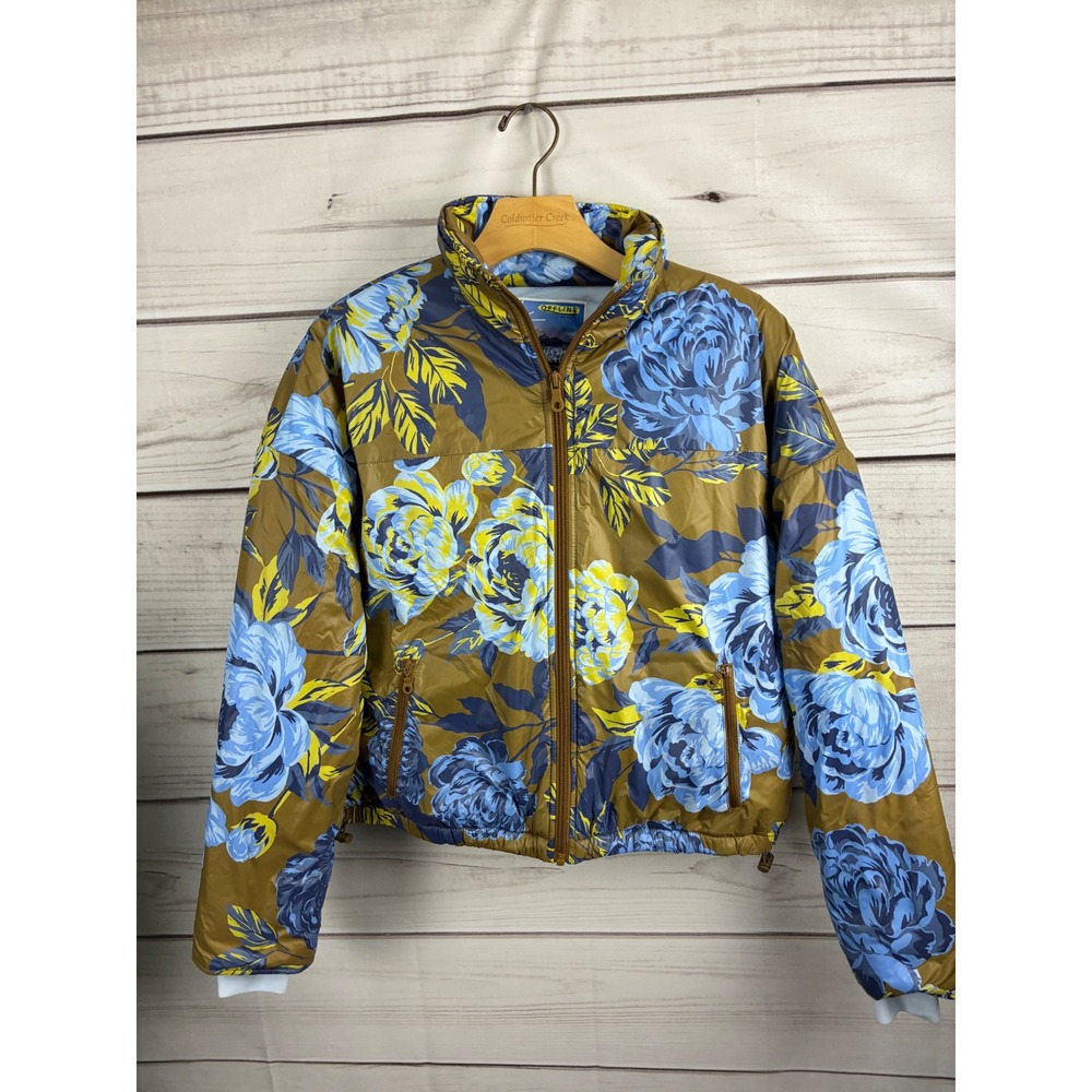 Offline by Aerie Chillside Collection Floral Puffer Jacket Blue Yellow Bronze XS